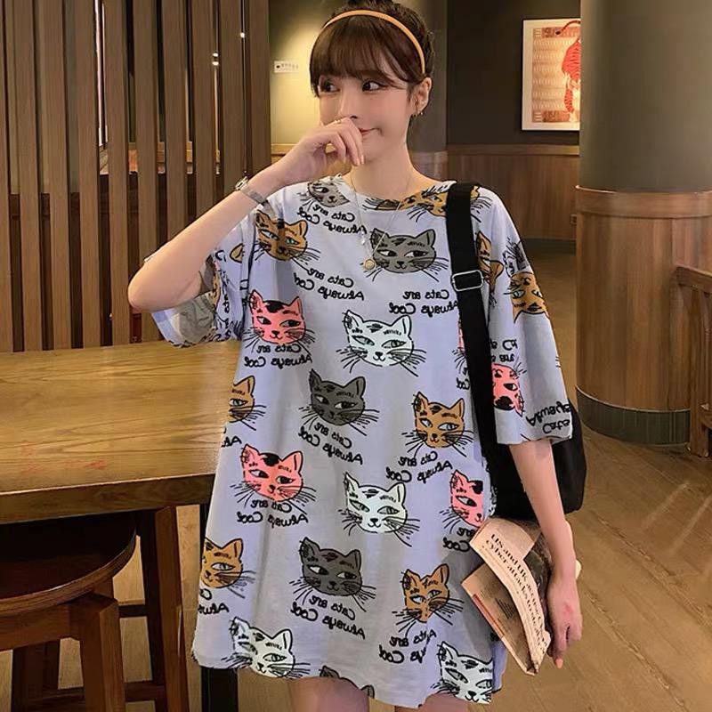 Oversize Tee Tshirt Model Longgar Untuk Wanita Motif Meow