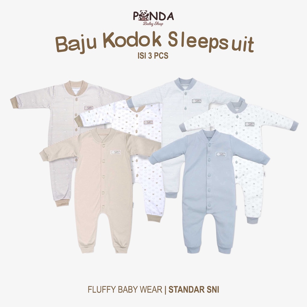 Fluffy Baby Baju Kodok KDS (Isi 3) - Fluffy Baju Jumper Tidur Anak Bayi Laki Perempuan Newborn Karakter 1 Tahun Lengan Panjang