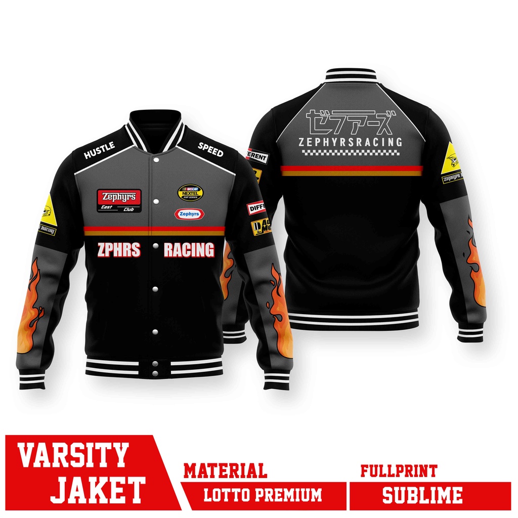 VARSITY JACKET RACING ZEPHYRS ZPH FIRE BLACK GREY FULLPRINT