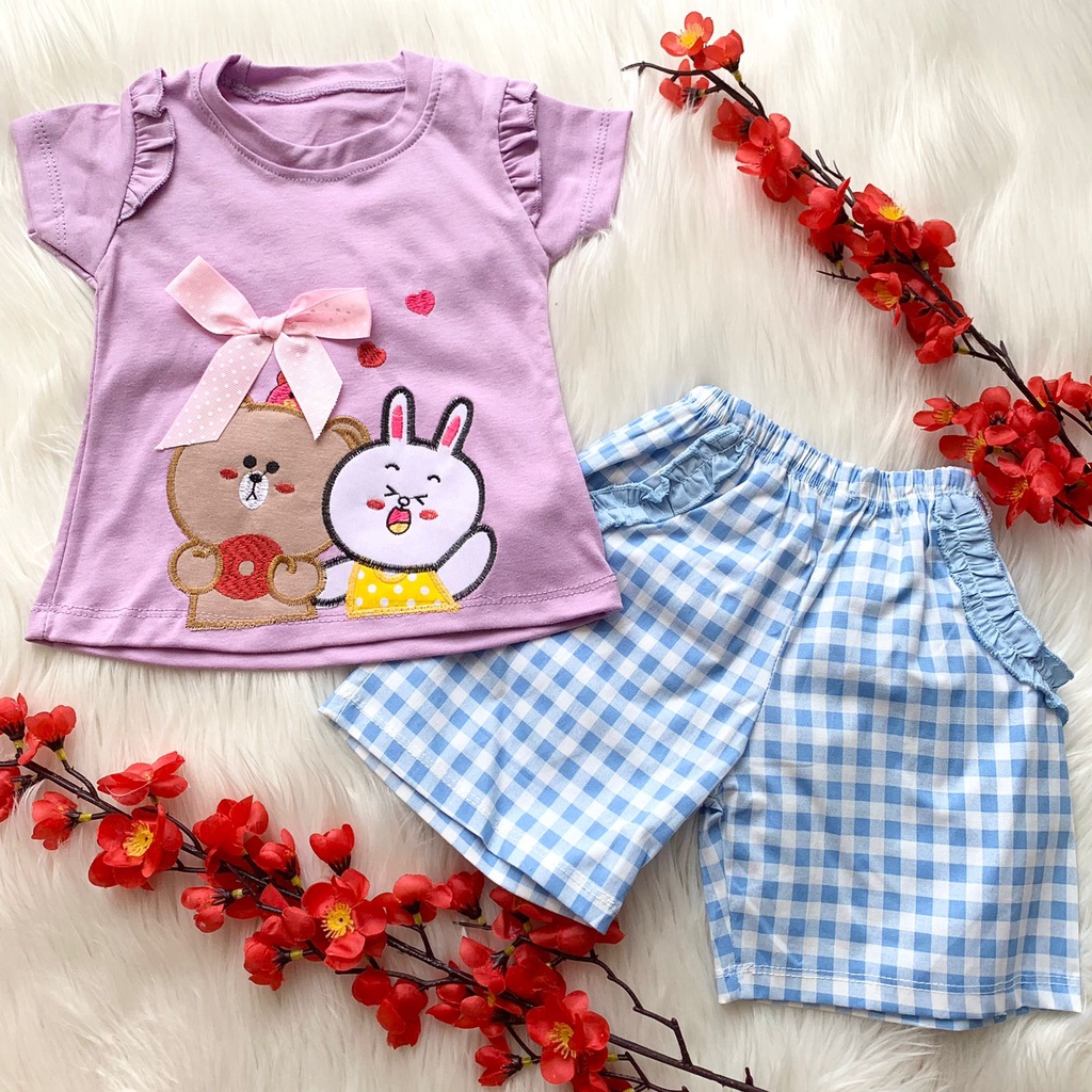 Setelan baju bayi cewek celana pendek import cantik kekinian fashion anak perempuan baby girl -bro