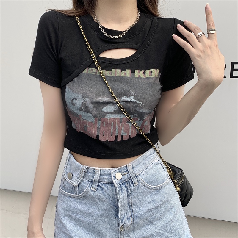 Musim panas wanita Korea baru crop top printing kaos lengan pendek berongga seksi kreatif