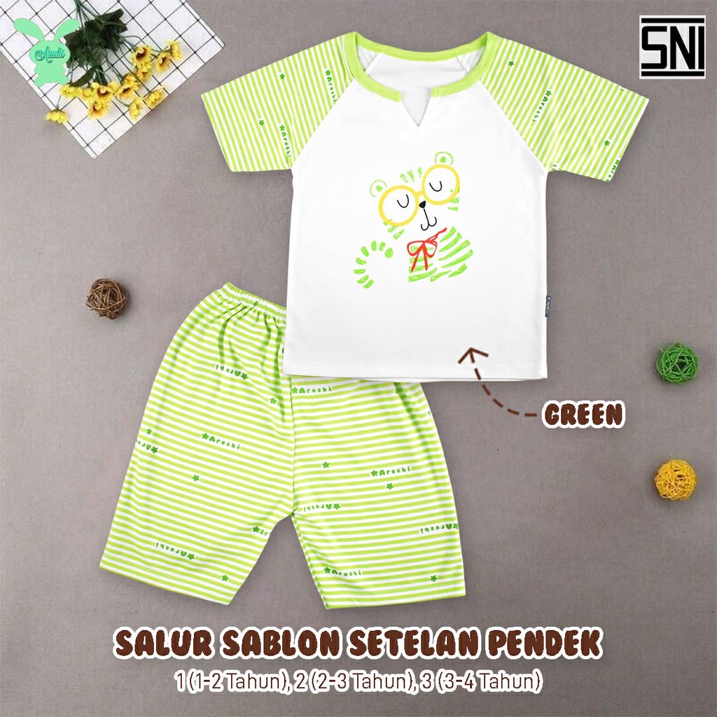 Aruchi Setelan Pendek Polo Series / Salur Sablon - Setelan Anak Murah