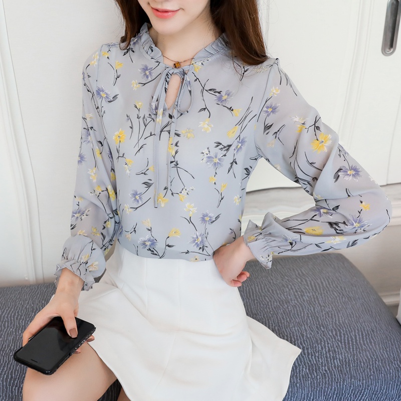 Fashion Korean Style Chiffon Long Sleeve Women Blouse Kelabu Hitam Atasan Kemeja Wanita Fashion Lengan Panjang Bunga Blus