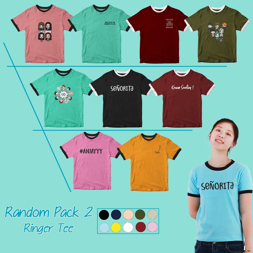 (RS) BAJU KAOS MOTIF RANDOM  RINGER TEE CEWEK TSHIRT COTTON COMBED 30S - YELONIX