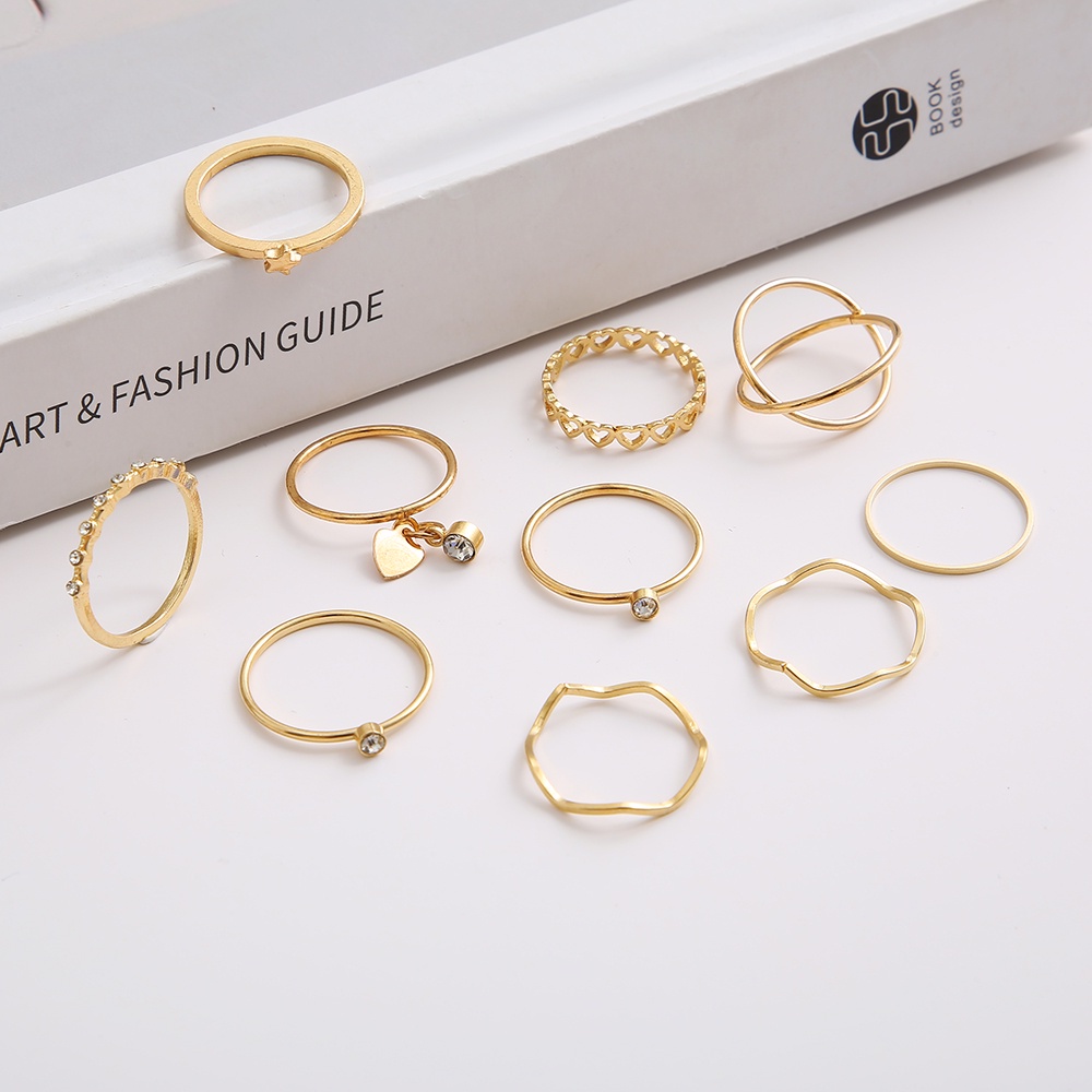 YEEZII 10pcs / Set Cincin Model Terbuka Adjustable Liontin Hati Asimetris Hias Berlian Gaya Retro Untuk Wanita