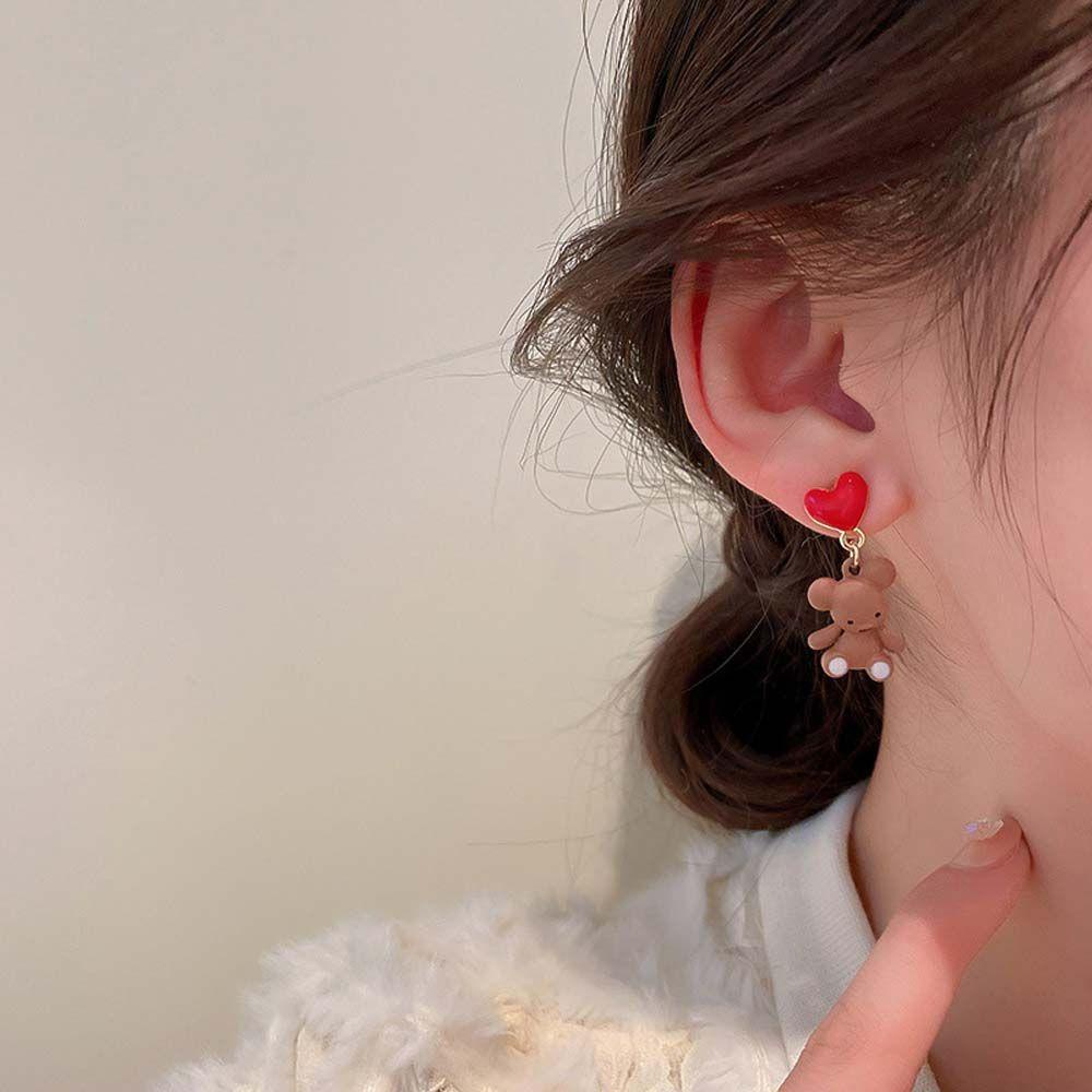 Mxbeauty Bear Stud Earring Minimalis Temperamen Wanita Hitam Kotak Putih Kartun Gadis Gaya Korea Earrings