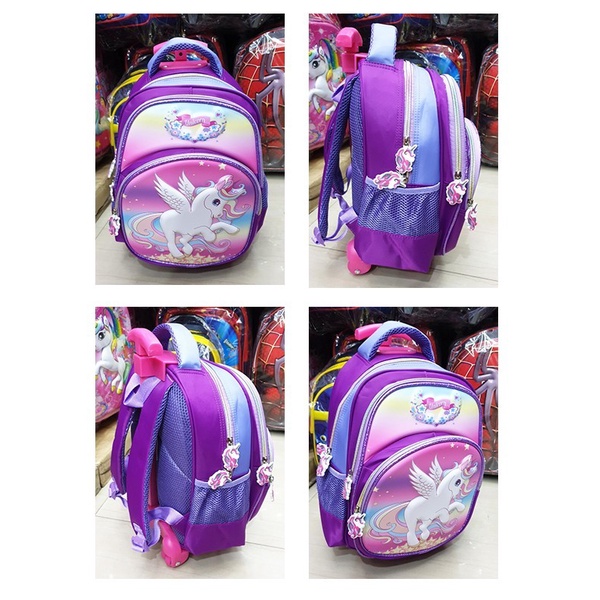 PROMO 10.10 Tas TROLLEY Roda Dorong Anak TK Perempuan Motif Kuda PONY LILAC Glossy Timbul 3Res IMPORT