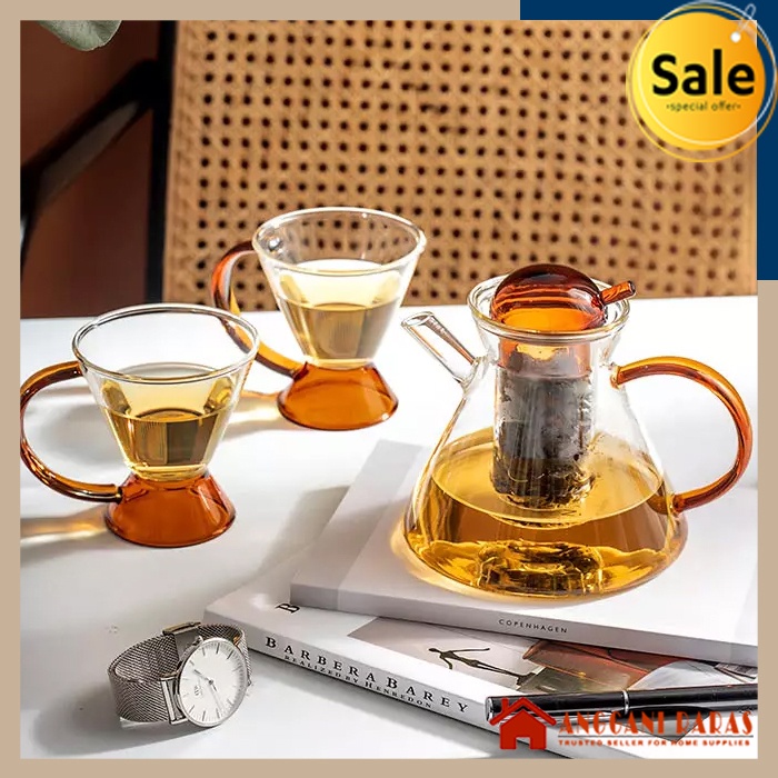 Teko Kaca Tahan Panas Pitcher Kaca Teh Tubruk Teko Saringan Teh Cina Plus Saringan Teh Borosilicate Glass 580ml