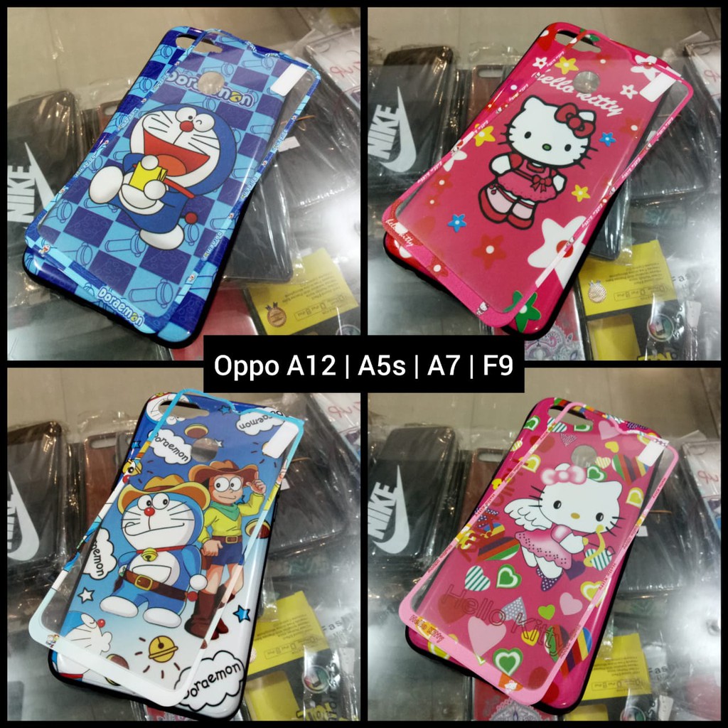 Case 360 Oppo A12 A5s A7 F9 Doraemon Kitty Free Tempered Glass Motif Glossy Hits