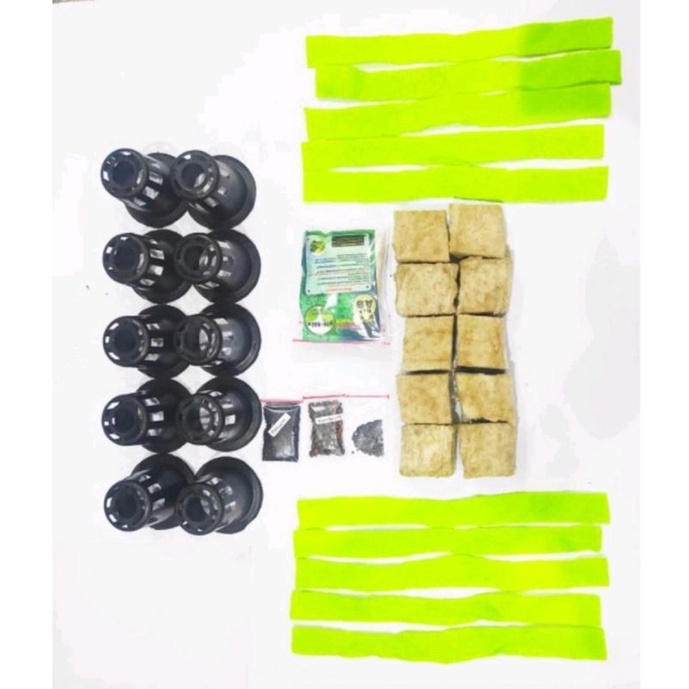 Paket Hidroponik Pemula 5 IN 1: Nutrisi AB Mix, Rockwool, Net Pot, Benih Sayur, Kain Flanel (10 SET)