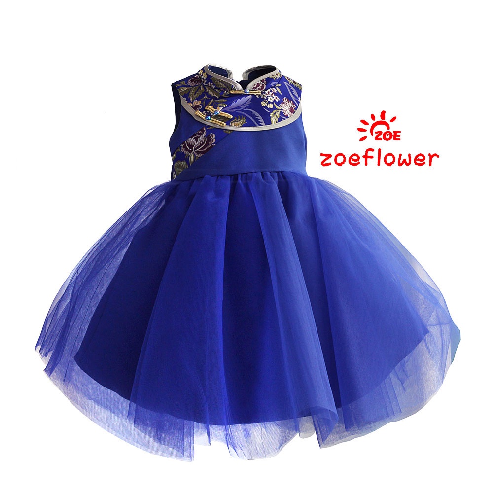 Baju Pesta Anak Import Exclusive Zoe Dress Party Modern Cheongsam Flower Embroiderry Ocean Blue - DR