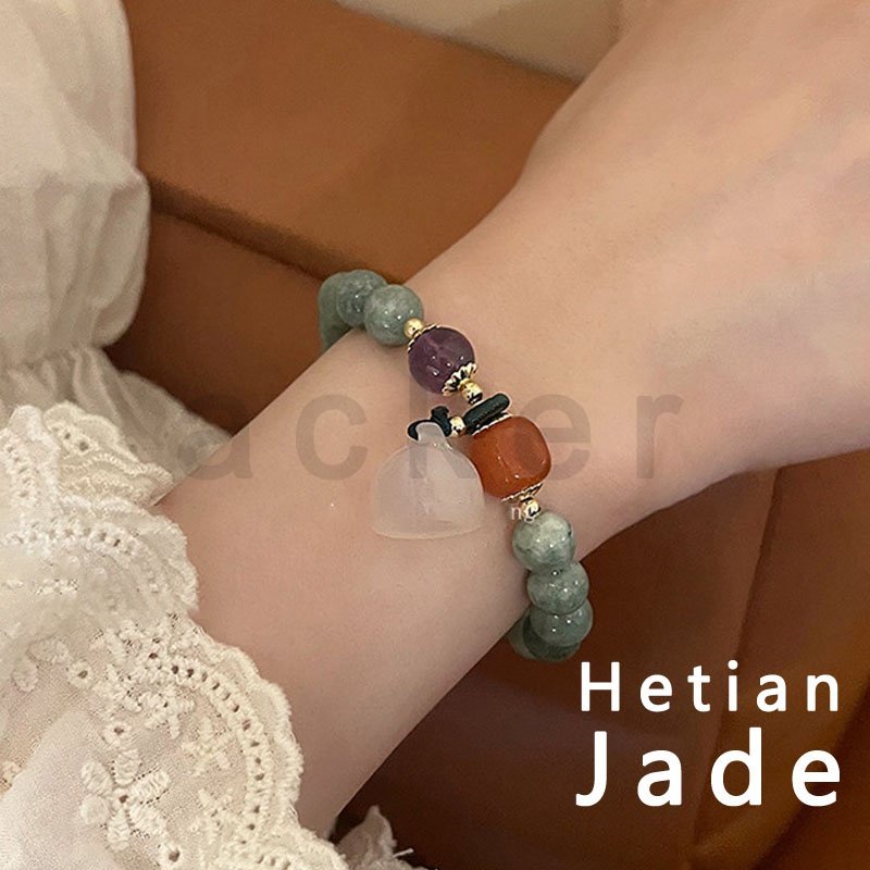 Ins Gelang Tangan Manik-Manik Batu Jade Hetian Natural Untuk Wanita ACKER