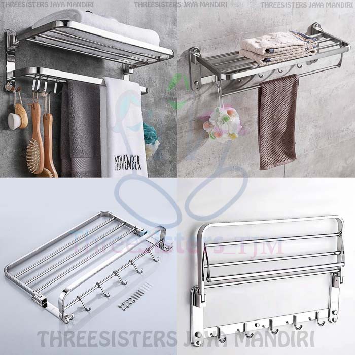  Rak  Handuk Lipat Stainless 2in1 Towel Bar Hook Gantungan  