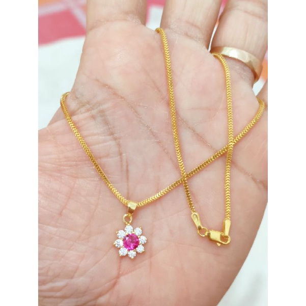 KALUNG PERAK 925 LAPIS EMAS 24K MODEL RANTE MILANO + LIONTIN KEMBANG MATA PINK