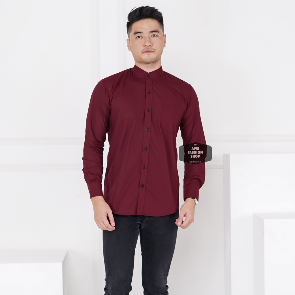 Baju Hem Kemeja Lengan Panjang Pria Merah Maroon Red Kerah Shanghai Polos Slimfit Casual 3305 Shopee Indonesia