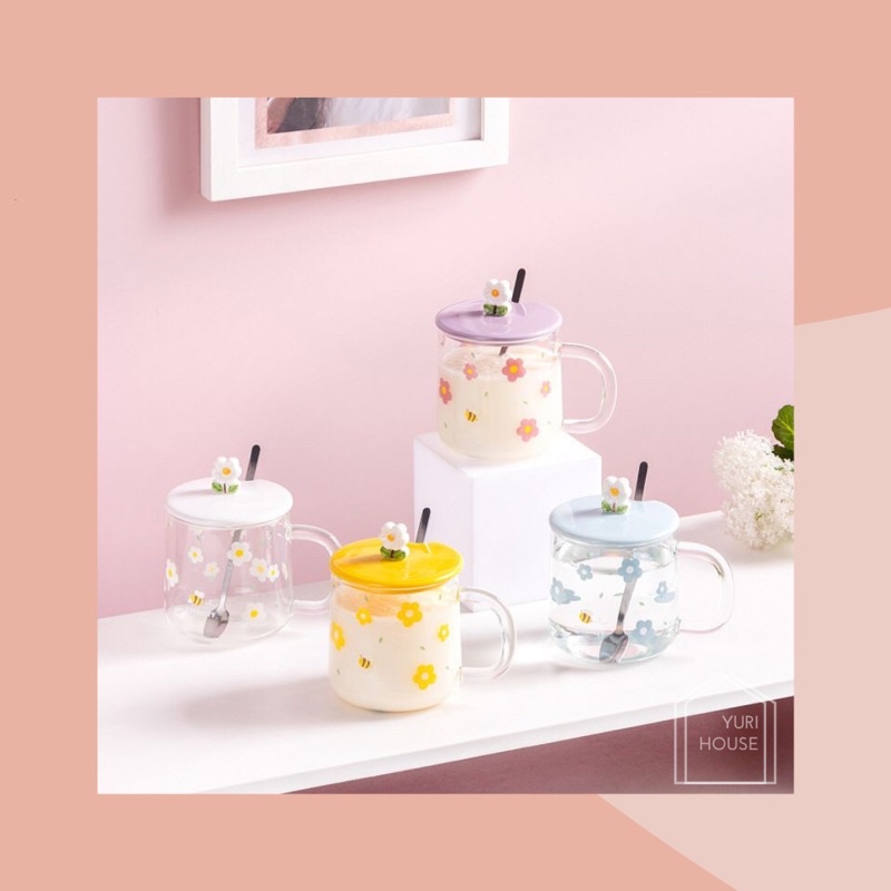 Daisy glass set/ aesthetic daisy glass transparent/ gelas kaca estetik + sendok/ mug kaca warna/ gel