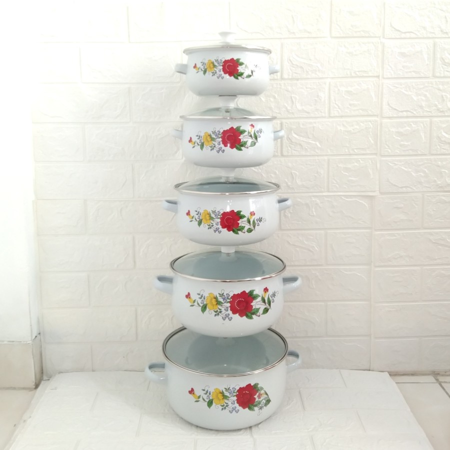 Panci Enamel Kembang Putih Tutup Kaca 16 18 20 22 24 set Panci Jadul