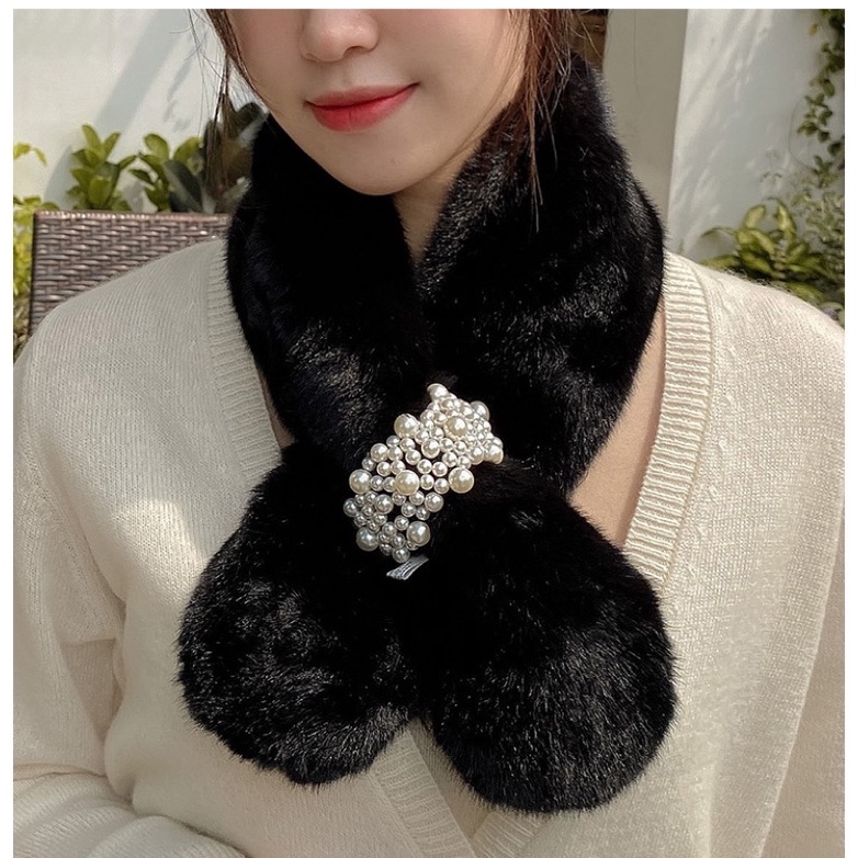 Fur scarf pearl syal bulu import hangat aksesoris mutiara korean style winter faux