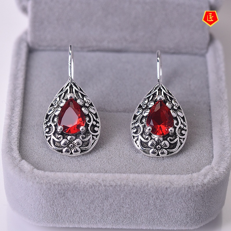 [Ready Stock]Vintage Silver Carved Flowers Ruby Earrings