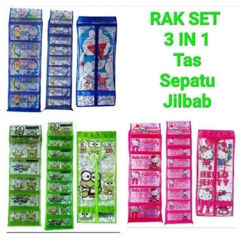 Rak Set 3 in 1 Karakter Doraemon, Hellokitty, Keropi HBO HSO Rak Sepatu + Jilbab + Tas