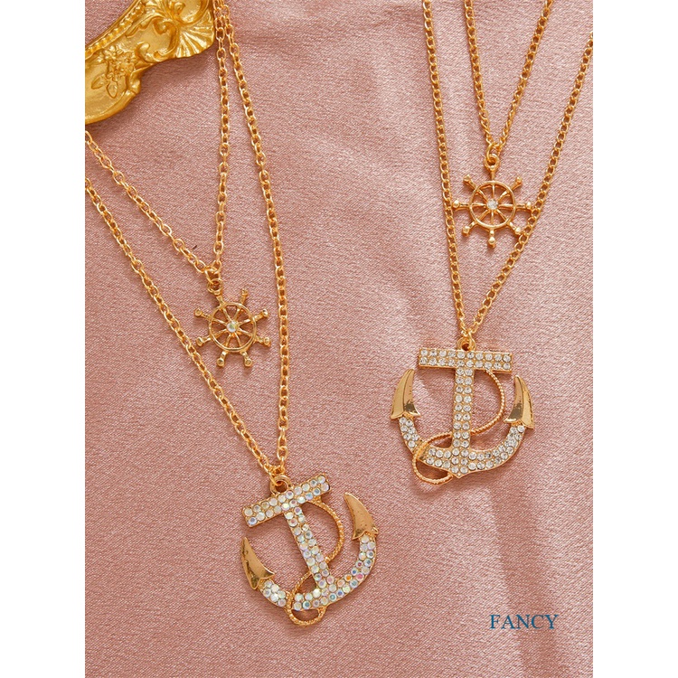 Kalung Liontin Jangkar Ganda Aksen Berlian Imitasi Gaya Retro Korea Untuk Pria Dan Wanita