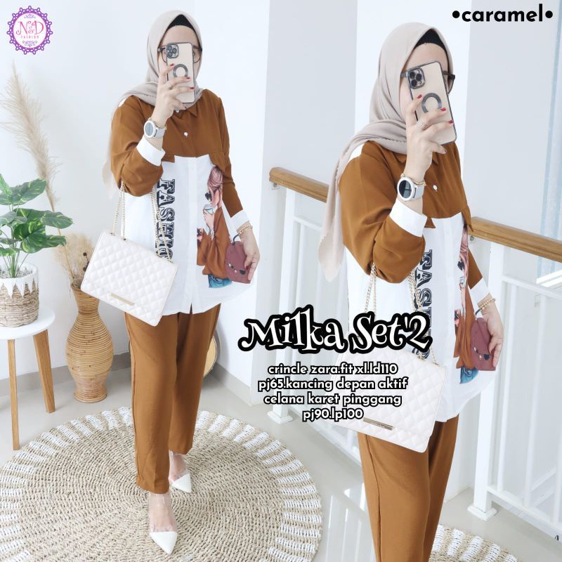 MILKA SET/Stelan Kemeja Allsize Sablon Cringkle Airflow Viral