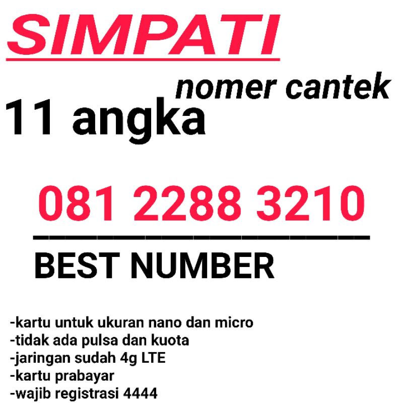 KARTU PERDANA NOMOR CANTIK SIMPATI 11 angka TELKOMSEL 4G 2288 3210