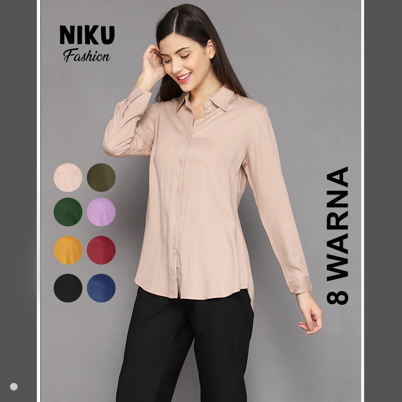 Hem Kemeja Wanita Casual Lengan Panjang Polos Terbaru Kualitas Import Korea Mewah Kekinian Jumbo