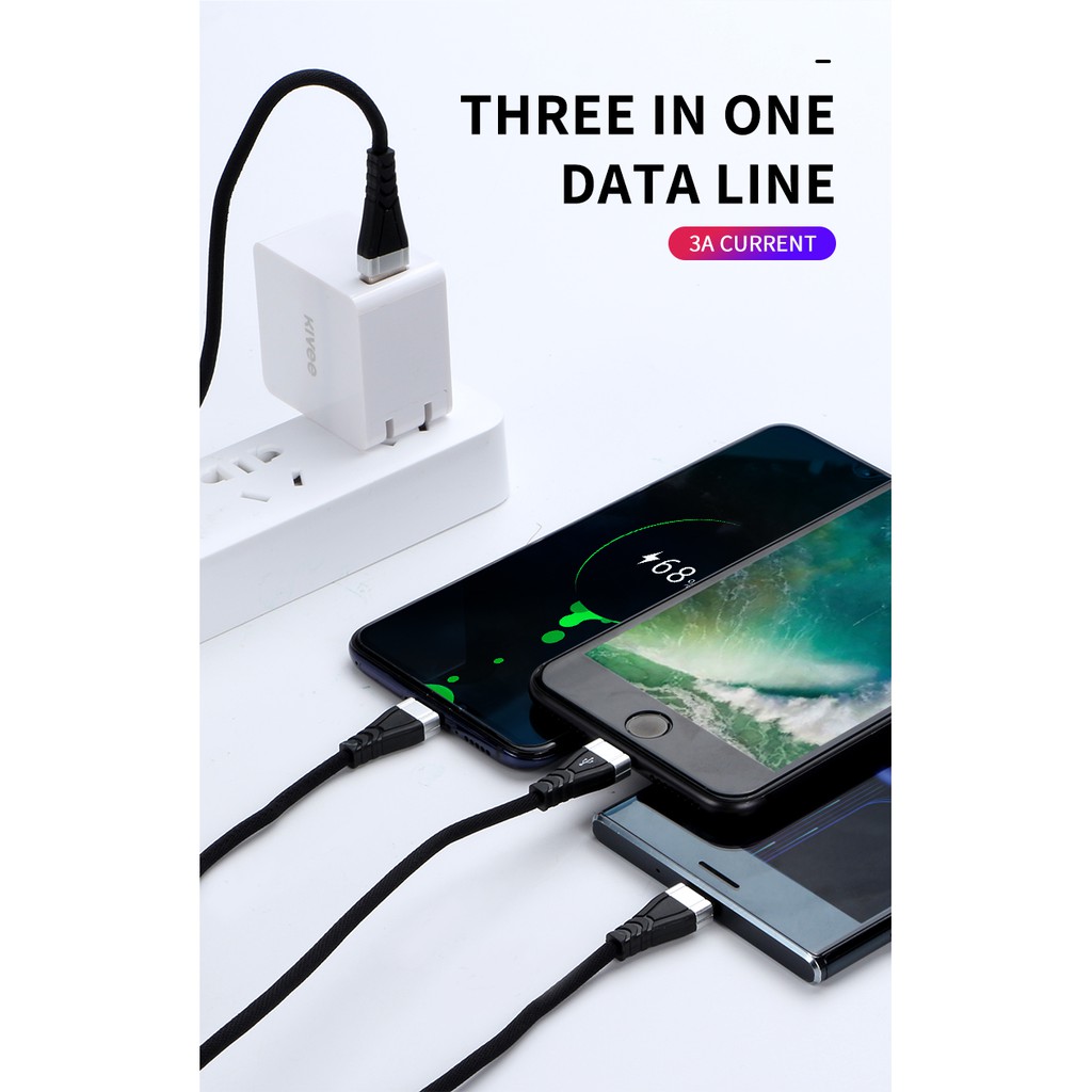 Kivee Kabel 3-IN-1 Android Micro USB Type-C IOS Apple Fast Charging Samsung Iphone 1.2 Meter