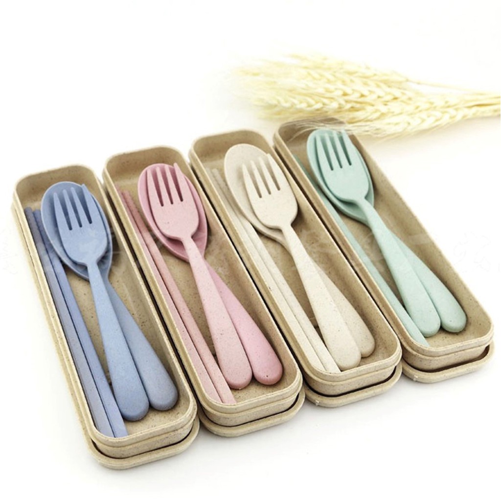 HOVELSHOP Set Sendok Jerami Gandum Garpu Sumpit Travel Set Alat Makan Bahan Wheat Travel Cutlery