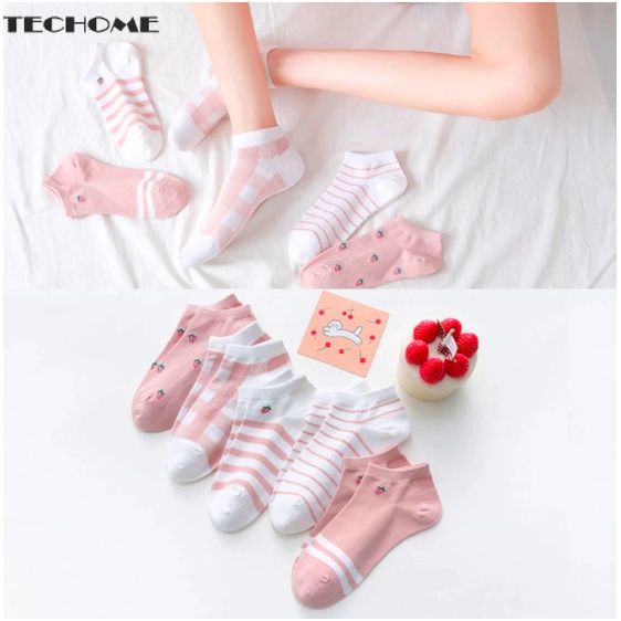 OVERFLOWS.ID  5PCS Kaos Kaki Wanita Ala Korea Ankle Socks 5in1 Banyak Motif Cute Lucu Keren