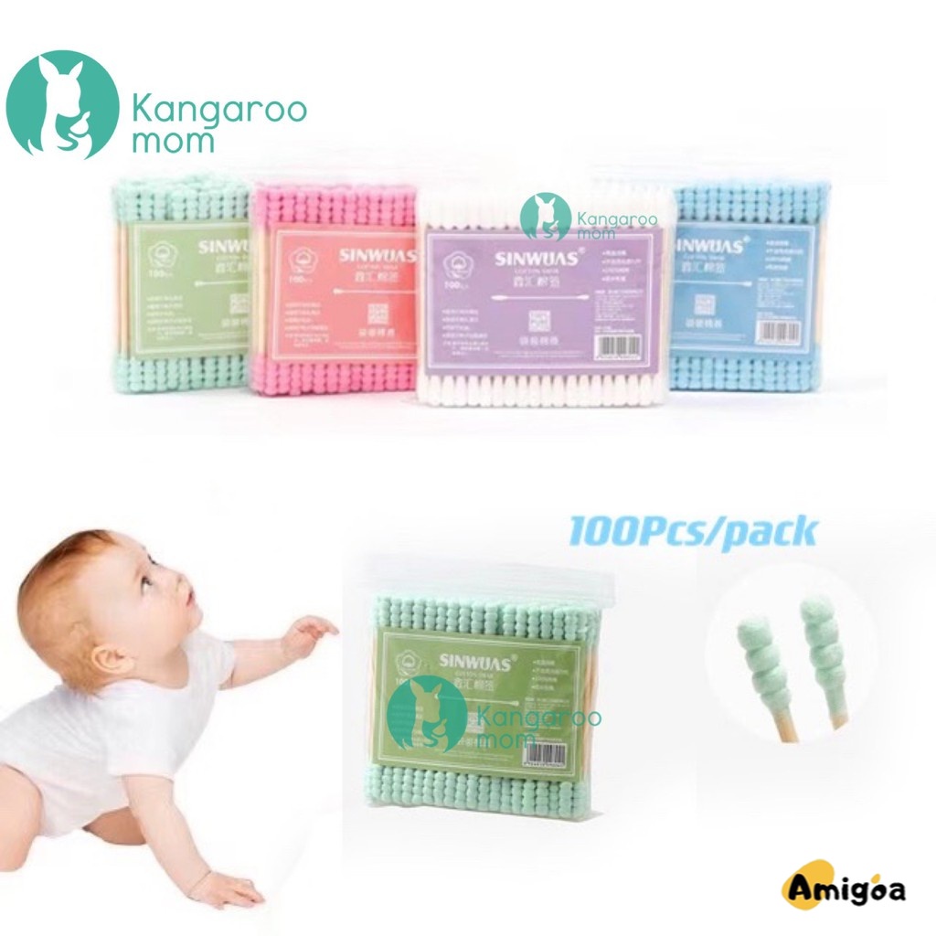 Kangaroomom 100pcs/pack Baby Cotton Swabs Thin Buds   Berwarna Ganda-Spiral Ujung Kapas  Sanitary Swab Small - AG2