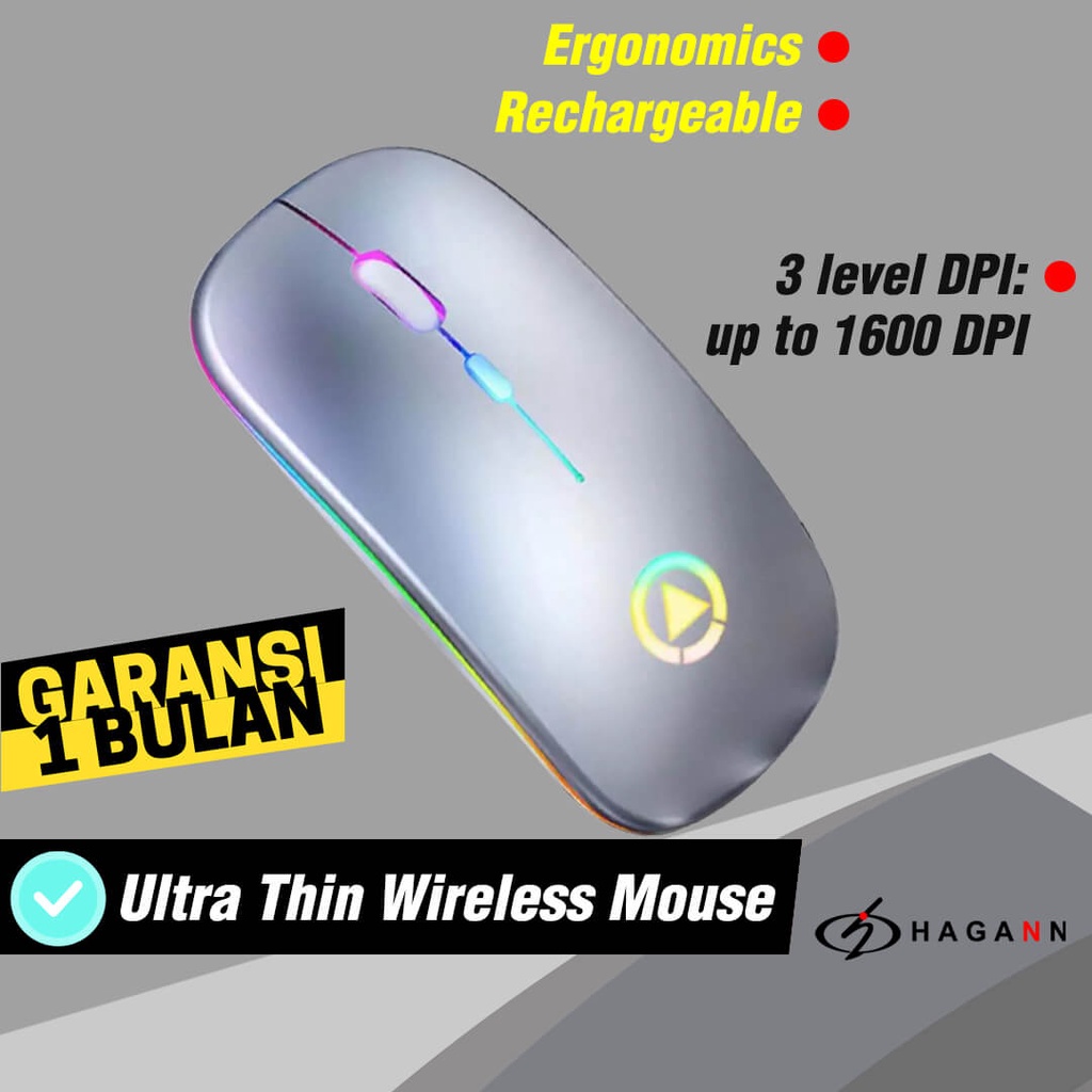 Mouse Wireless Silent Click Rechargeable Laptop Wireles RGB Led USB Unik Ergonomic Up To 1600 DPI