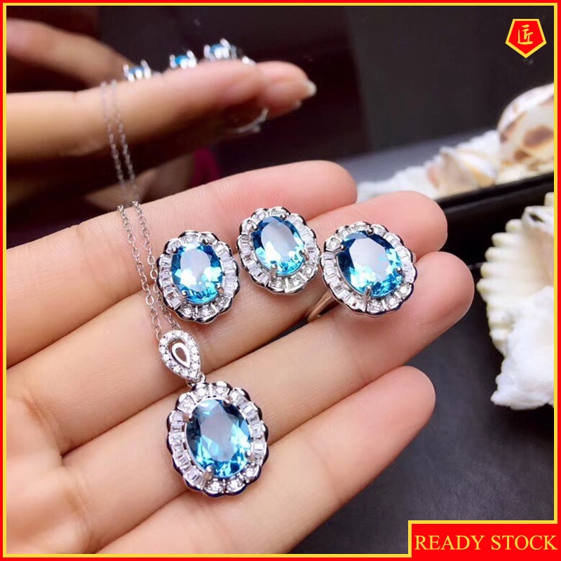 [Ready Stock]Blue Natural Topaz Set Rings Ear Studs