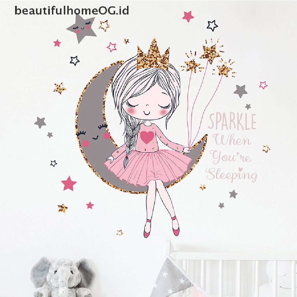 Stiker Dinding Desain Kartun Princess on the moon Untuk Dekorasi Kamar Anak Perempuan