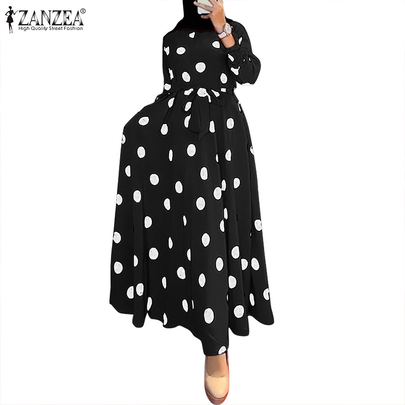 ZANZEA Women Full Sleeved Polka Dots Casual Loose Dresses Belted Kaftan Dress