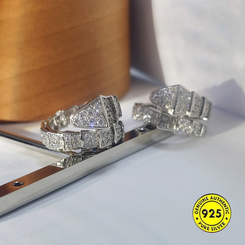 Cincin Jari Telunjuk S925 Silver Model Terbuka Dapat Disesuaikan Motif Kulit Ular Aksen Berlian Imitasi Untuk Unisex