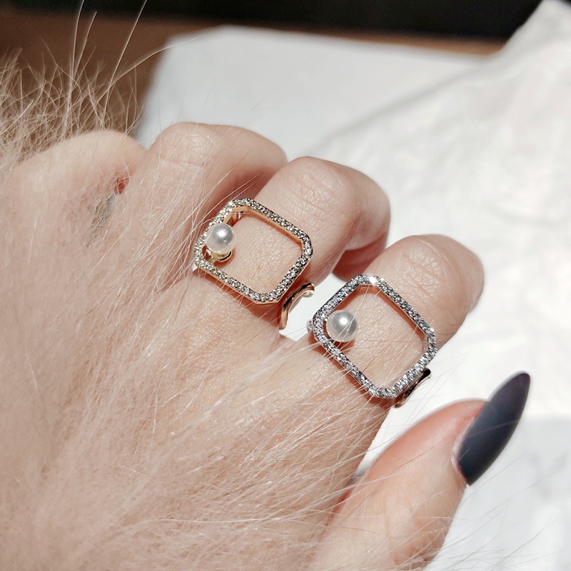 Cincin Model Terbuka Adjustable Bentuk Kotak Hias Mutiara Dan Zircon Gaya Retro