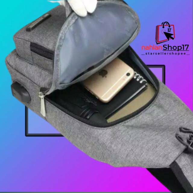 TAS SELEMPANG KANVAS  + USB CHARGER PORT SLING BAG GADGET