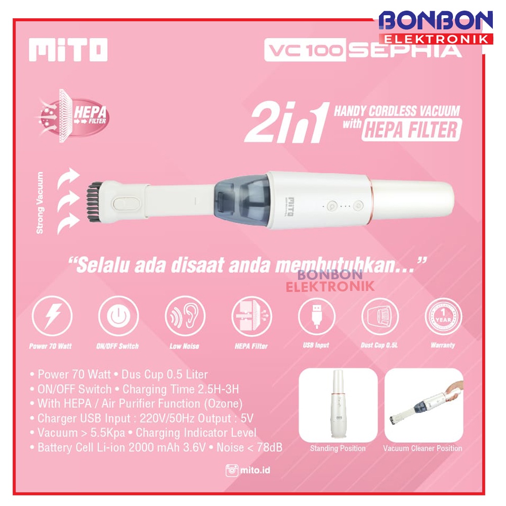 Mito Vacuum Cleaner VC 100 Sephia 2 In 1 Cordless Hepa Filter / VC100