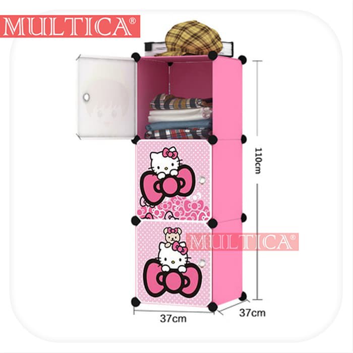 Multica Lemari Pakaian Plastik Lemari Pakaian Anak Portable Motif hello Kitty 3 Susun