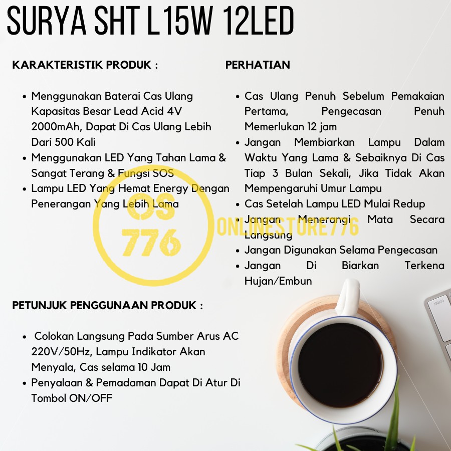 LAMPU SENTER LED EMERGENCY SURYA SHT L15W 12LED / EMERGENCY LAMP LED / RECHARGEABLE / TAHAN 8 JAM CAHAYA PUTIH