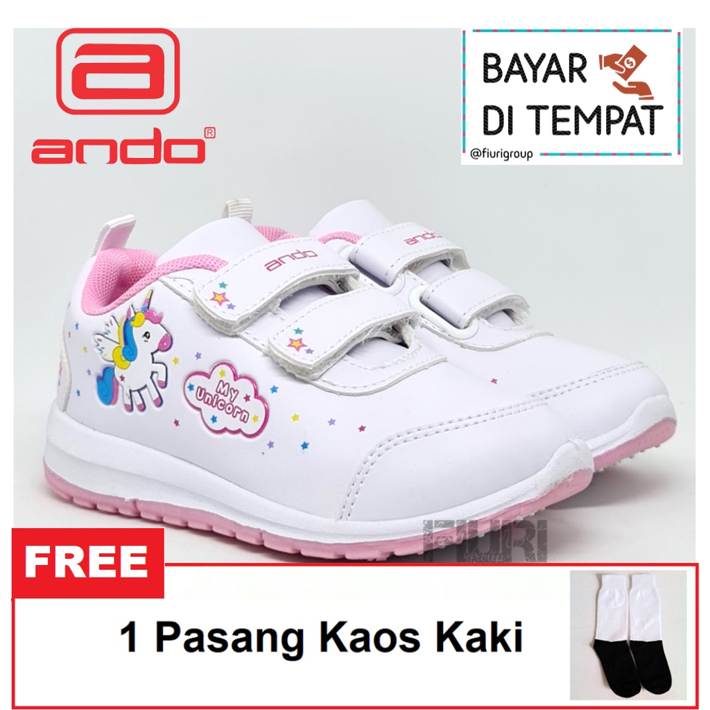 FIURI - ANDO ORIGINAL -  MINICORN PEREKAT 29-32 PUTIH PINK - SEPATU SNEAKERS KANVAS SOL KARET ANAK KECIL PEREMPUAN  - SEPATU KUDA UNICORN KETS LUCU FASHION TRENDY - SEPATU SEKOLAH PAUD TK KRETEKAN PEREKAT CEWEK MURAH PROMO DISKON BONUS KAOS KAKI