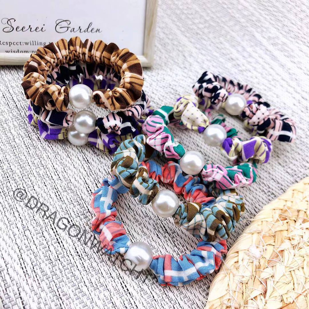 [Fashion Wanita] Ikat rambut mutiara motif Kotak-kotak gaya korea elastis cincin rambut import  T011