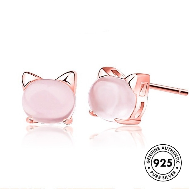 Anting Tusuk Motif Kucing Bahan Sterling Silver 925 Warna Rose Gold Untuk Wanita