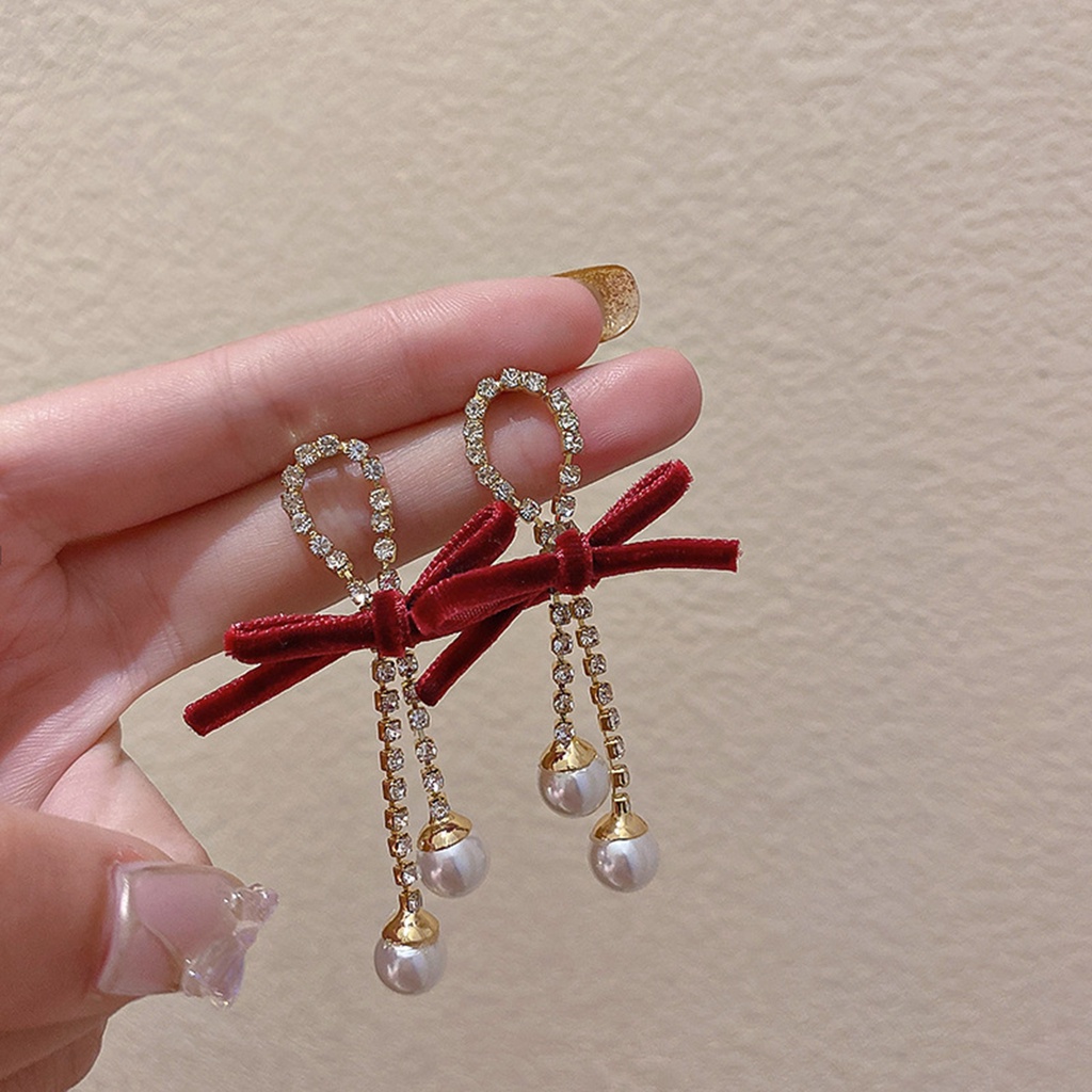 Hu Hu Hu Hu Hu Alat Bantu Pasang Kacamata♡ 1 Pasang Anting Tusuk Gantung Wanita Desain Pita Hias Mutiara + Berlian Imitasi Berkilau Untuk Kencan