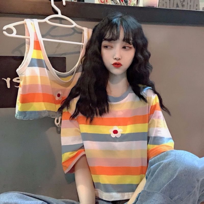 MDLV ~ 19430# Rainflow Tee Korea Crop Top Tee Crop Top Rainbow Daisy Crop Top Cewek Kaos Import Kaos Premium Fashion Premium Fashion Import