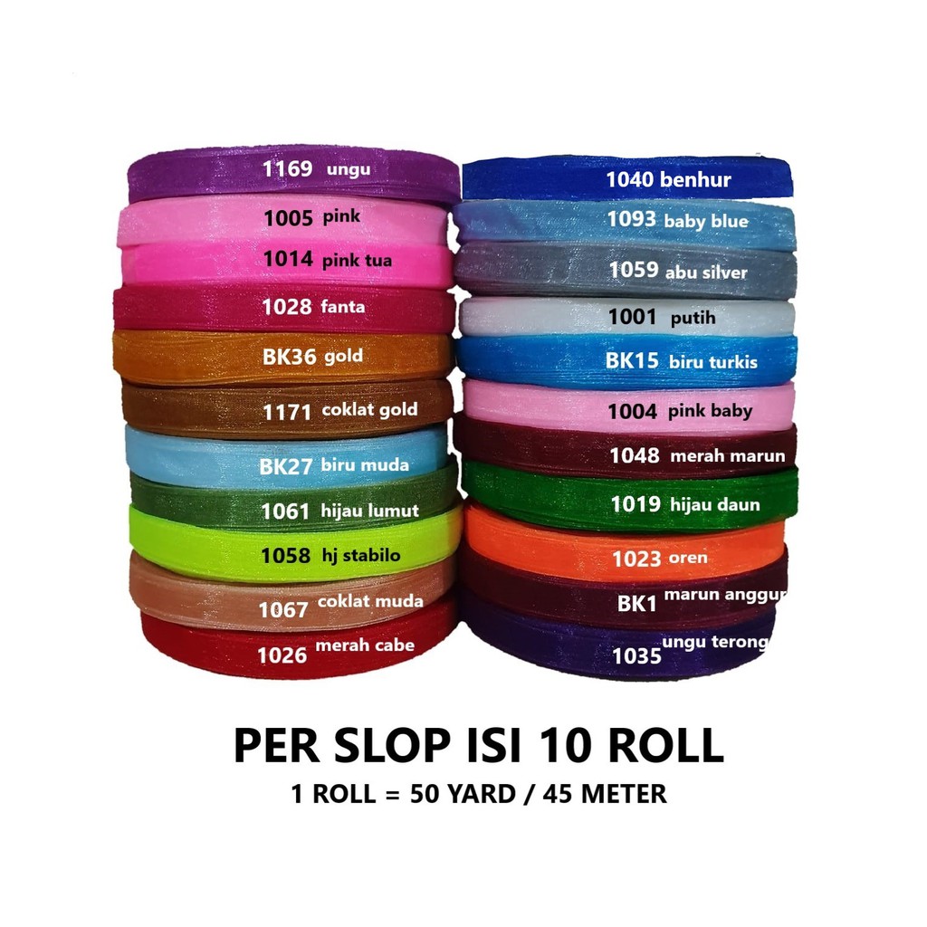 Pita Organdi Polos 3/8 inch/1 cm (10 roll x 50 yard) Grosir Obral Cuci Gudang Pita Kado 3/8&quot;