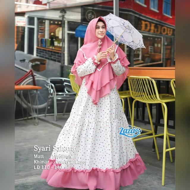 Gamia syari set motif polkadot gamis polka gamia busui Syari Sahara by Zaza