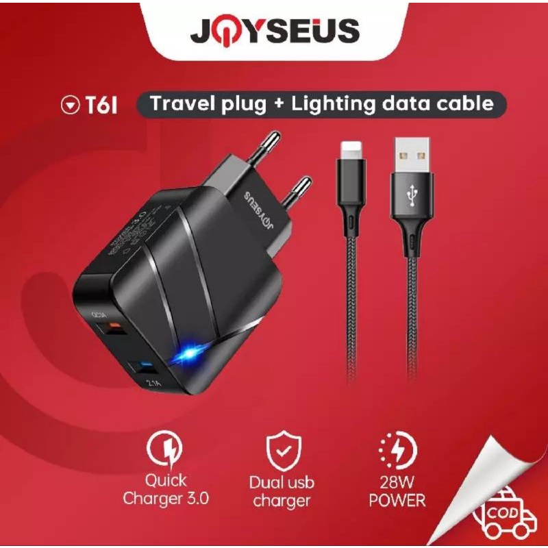 Joyseus T6 USB Charger Dual Port 28W Fast Charging With Cable Micro Type C iPhone Lightning